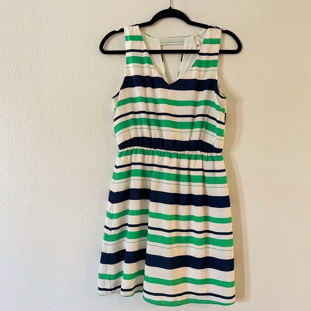 Pink Owl Womens Stripe Sleeveless V-Neck Mini Dress Green Navy Blue White M
